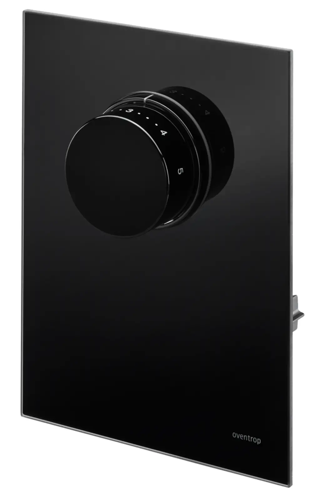Schwarze Oventrop Abdeckung mit Thermostat aus Echtglas.